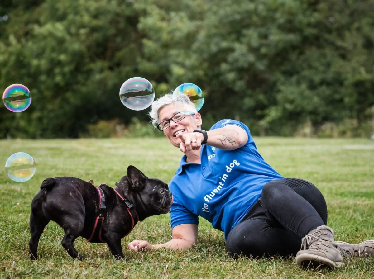 Dog carer playing with a french bulldog and bubbles