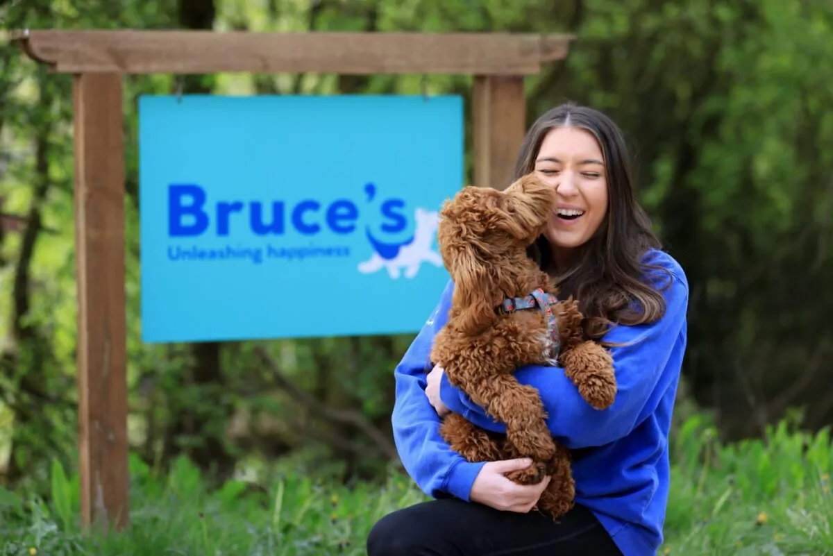 Cockapoo hugging dog day care team member in front of Bruce's sign